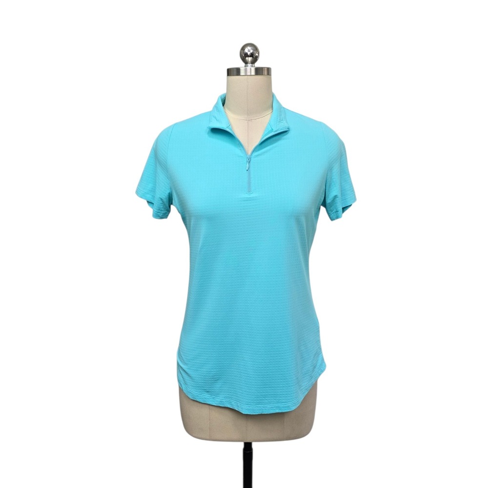 IBKÜL Womens Turquoise Blue Quarter Zip Short‎ Sleeve Golf Polo Shirt Size Small